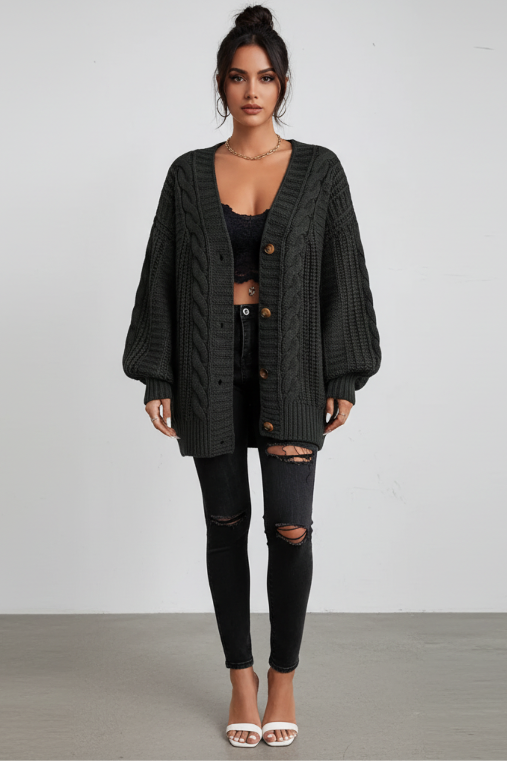 Cardigan oversize da donna in maglia a trecce