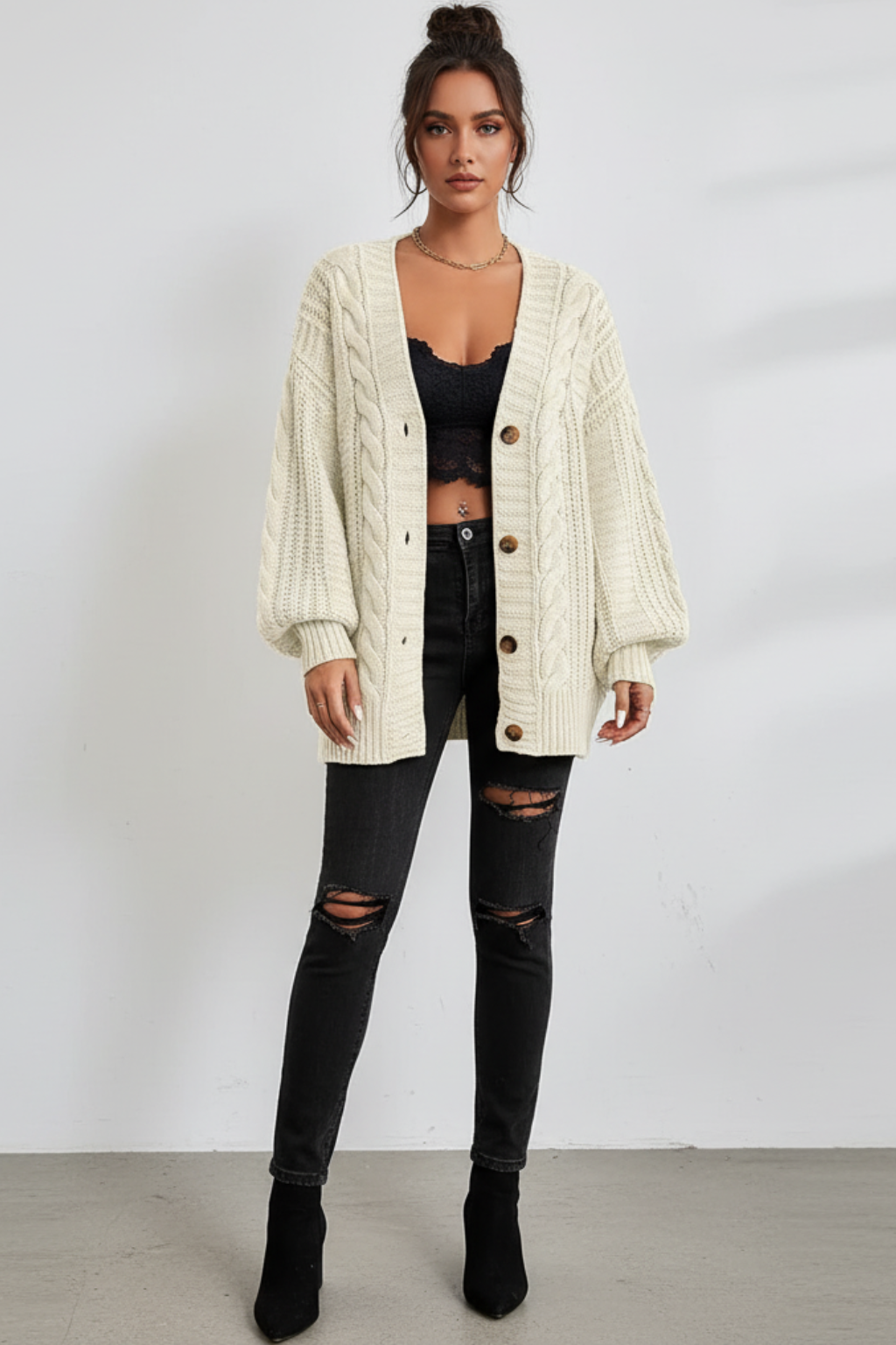 Cardigan oversize da donna in maglia a trecce